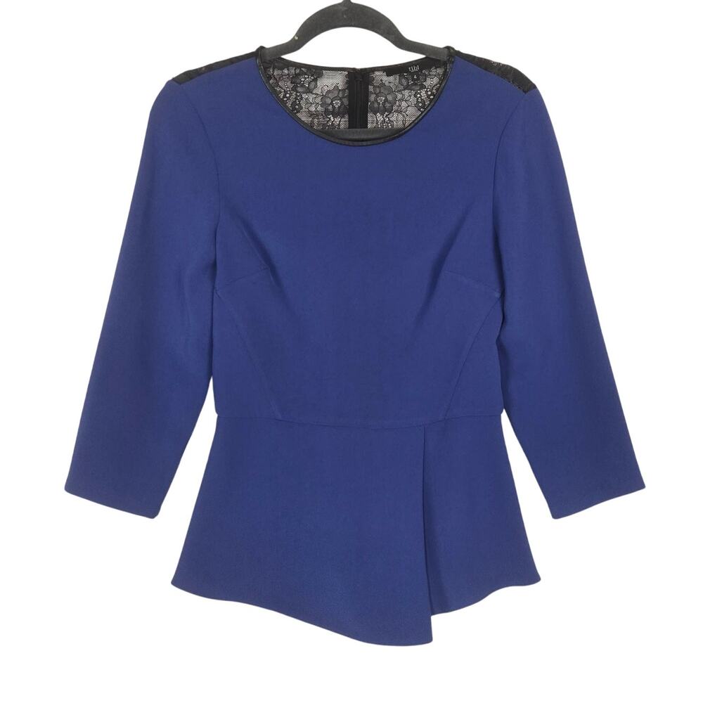Tibi Royal Blue Peplum Top Black Lace Sz 4 Asymmetric Hem Zip Back Chic Career